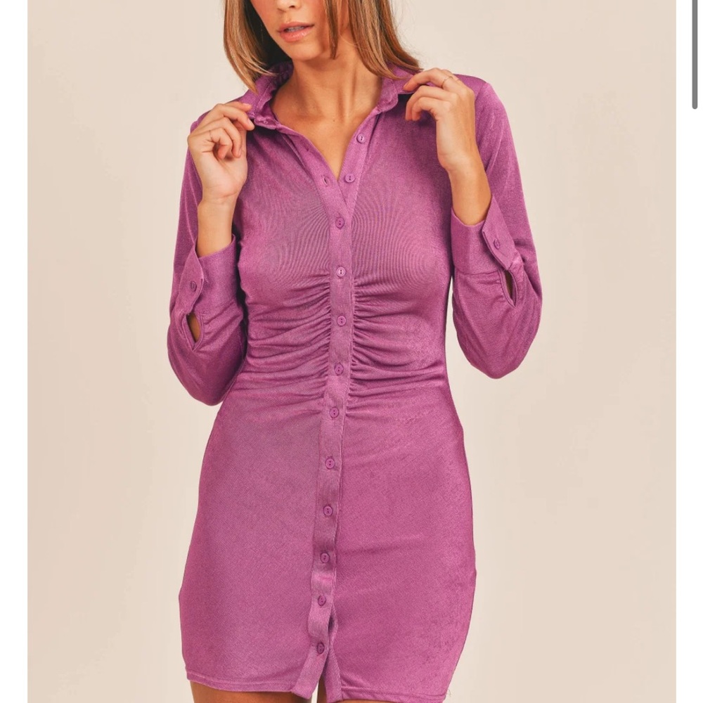 MABLE Front Ruched Button-Down Skinny Mini Shirt Dress